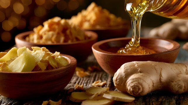 Golden honey is drizzled onto wooden bowls filled with candied ginger pieces on a rustic wooden surface for a warm and inviting snack time scene.