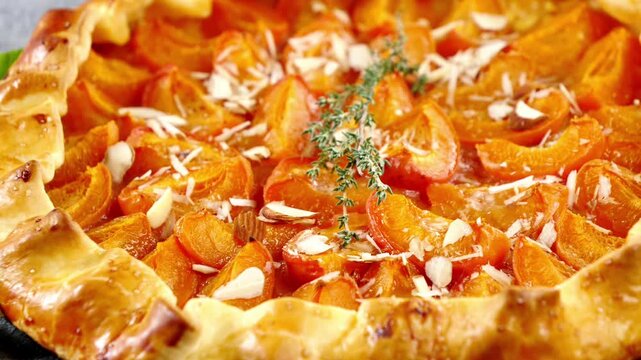 close up of a homemade rustic apricot galette tart with flaked almonds and rosemary sprig
