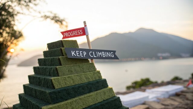 Inspirational pathway to success represented by green pyramid with signs urging to keep climbing and showing progress against scenic backdrop