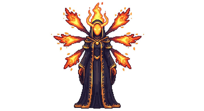 Mysterious hooded figure with fiery wings and glowing head.