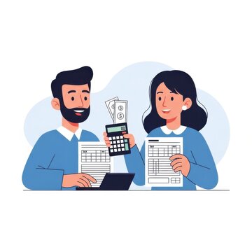 Two smiling individuals, a man and woman, collaboratively reviewing financial documents and using a calculator with currency, signifying teamwork in budgeting and accounting management