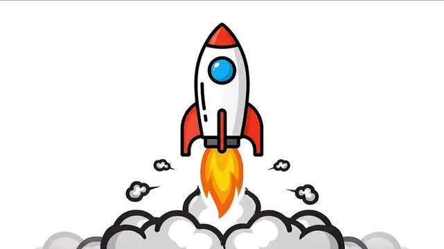 Rocket ship launching with bright fire exhaust and thick white clouds in a stylized digital motion animation video clip for modern business startup growth concepts