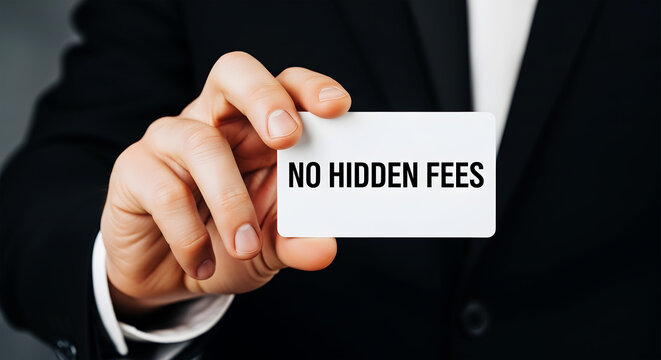 Person in black suit holding white card with black text no hidden fees image