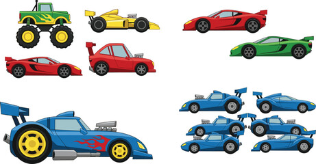 Colorful Cartoon Race Cars, Monster Truck, and Sports Vehicles Collection in Flat Vector Illustration for Automotive Design © MdShahinnur