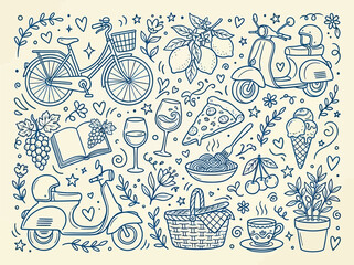 Whimsical illustration of leisure activities and food © rafsanwd