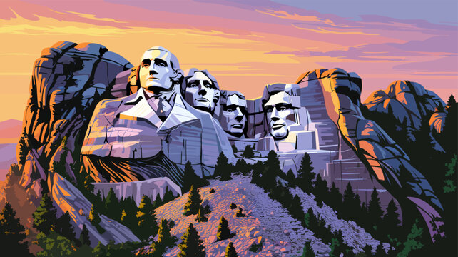 Majestic Mount Rushmore National Memorial at sunrise, showcasing the iconic presidential sculptures carved into the granite mountainside.