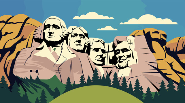 Stylized illustration of Mount Rushmore featuring the carved faces of four U.S. presidents against a blue sky with trees and mountains.