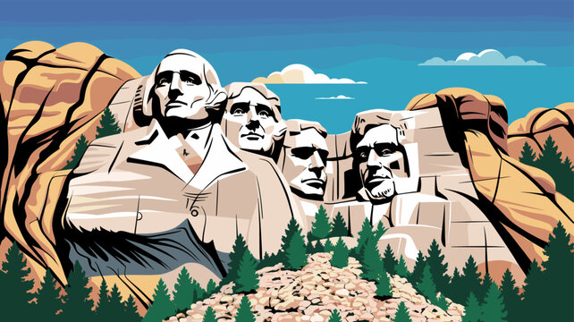A stylized illustration of Mount Rushmore with the faces of four U.S. presidents carved into the mountain, surrounded by trees and a blue sky.