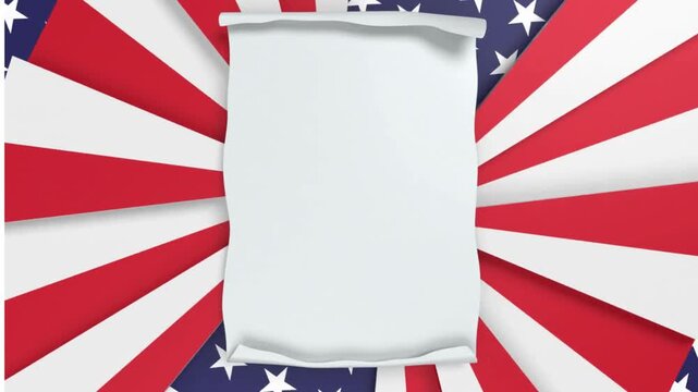 Motion graphic design featuring a white banner waving proudly in front of a vibrant American flag pattern in the USA.
