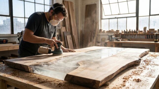 Woodworking Artist at Work: A skilled artisan meticulously sands a unique live-edge wood and epoxy resin table, surrounded by the organized chaos of a woodworking studio.