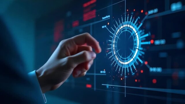 a hand interacting with a futuristic digital interface, displaying glowing data visualization and charts. The scene is illuminated by the blue light of the screen
