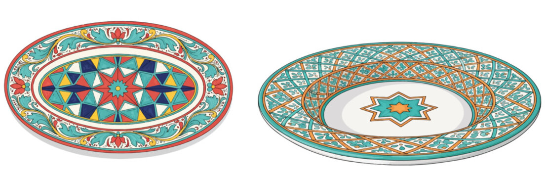 Two ornate ceramic platters feature vibrant traditional Sicilian geometric star patterns in teal, orange, and yellow against a clean white background