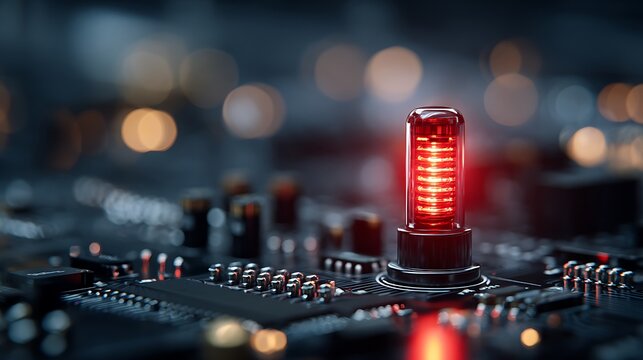 A glowing red indicator light shines brightly on a circuit board with blurred background lights.
