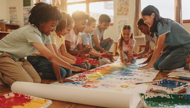 Happy diverse group of children collaboratively finger painting a colorful mural on the classroom floor, capturing teamwork, creativity, and joyful learning in a sunny art class.