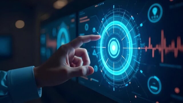 a close-up shot of a hand interacting with a futuristic digital interface displaying glowing blue circular graphs and data readouts. The screen shows a complex technological display.
