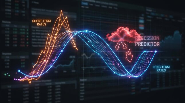 Economic Forecasting Abstract: A digital display shows a fluctuating graph representing short-term and long-term interest rates, with a cloud icon symbolizing a recession predictor.