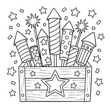 July fourth fireworks in wooden crate illustration line art style for kids coloring book page features stars confetti decorative rockets festive celebration theme.