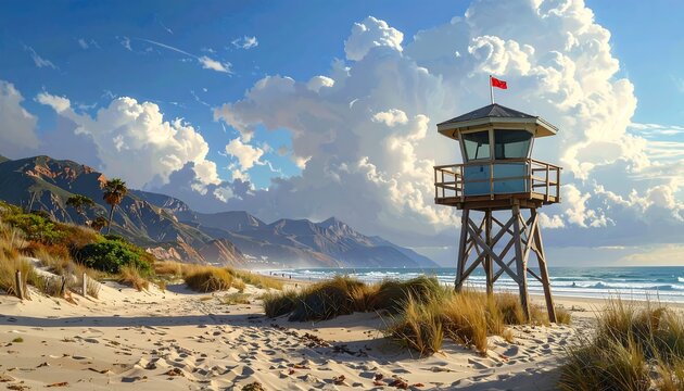 Scenic coastal vista showcasing a sandy beach, lifeguard tower, rolling hills, the ocean under a cloudy sky