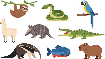 Obraz premium Exotic Animal Collection Set Featuring Sloth Snake Parrot Llama Armadillo Crocodile Anteater Fish and Capybara Wildlife Illustrations