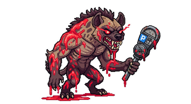 Horror Zombie Hyena Monster Holding Parking Meter.