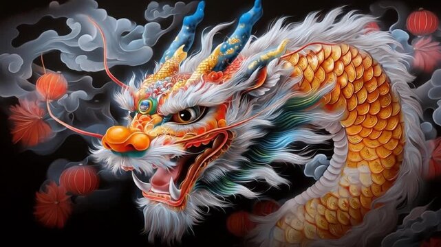 a majestic and powerful Chinese dragon, adorned with scales and flowing mane, surrounded by red lanterns and swirling mist, symbolizing good fortune and strength