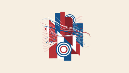 Obraz premium Abstract geometric composition with red, white, and blue elements, evoking a sense of patriotism and modern design.