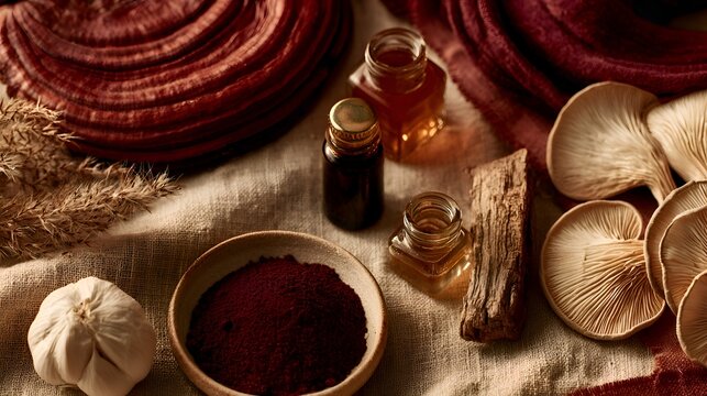 Various medicinal mushrooms and ingredients are displayed beautifully in small glass bottles and a ceramic bowl on a textured cloth surface.