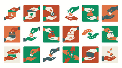 Obraz premium Flat vector illustration set of hands exchanging money and charity