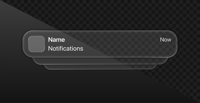 Glassmorphism style notification UI elements with blur glass effect and liquid glass appearance, editable vector design