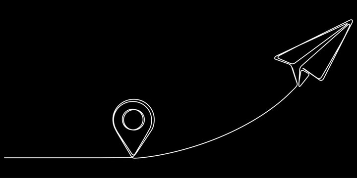 Paper plane flying between two map location pins in one continuous line drawing, Paper plane line continuous drawing vector. One line The plane flies to the location marker vector background.