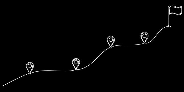 Location flag continuous one line drawing minimalism design, One Line Art Journey Path. Continuous Line Drawing of Route Map with Destination Flag, GPS navigation line track mark. One line map point