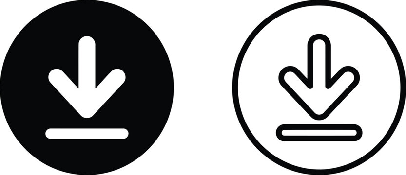 Download icon set, vector illustration of download sign, arrow pointing down to a horizontal line, black and white circle buttons for web or app interface