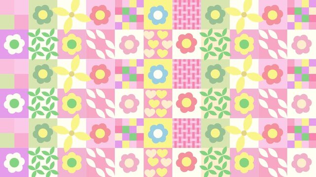 Cute Geometric Patchwork Flower Animation, Colorful Pastel Quilt Floral Seamless Loop Background. Motion Graphic of Kawaii Flower and Heart Patchwork Pattern, Trendy Grid Screen Backdrop