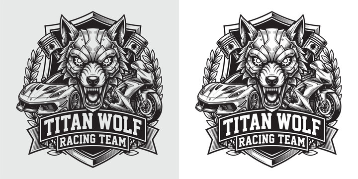 Titan Wolf Racing Team Emblem with Supercar and Motorcycle