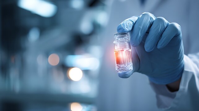 Scientist holds glowing vial in laboratory setting with cautious hand.