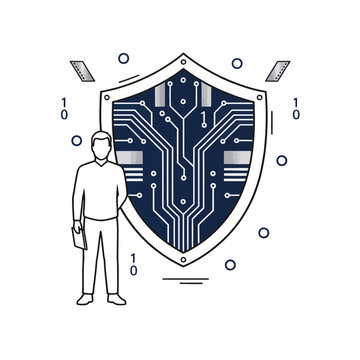 Cyber security man protecting digital shield network access with binary code data stream.