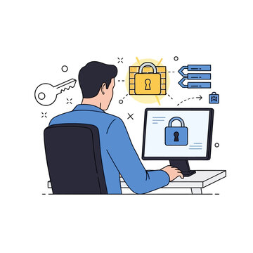 A man in a blue shirt sitting at a desk and working on a computer cybersecurity.