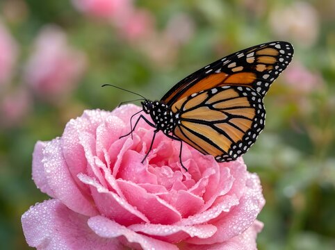 Monarch butterfly perched on a wet pink rose flower in garden