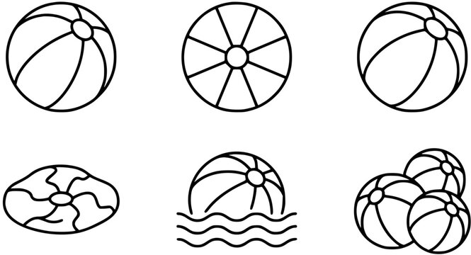 Black and White Line Art Icons of Beach Balls and Seashell on White Background