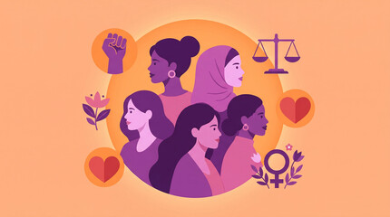 Fototapeta premium Diverse women profiles with empowerment symbols for International Women's Day banner.