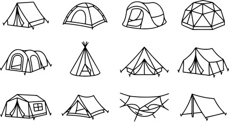 Camping Tents Line Art Icons Set. Diverse Outdoor Adventure Shelters and Hammocks Collection in Black and White Outline Doodle Style for Wilderness and Travel. © vectorcorp