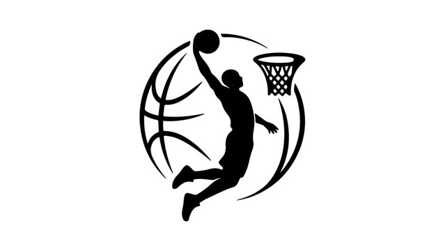 Black silhouette of a basketball player dunking a ball into a hoop with a circular basketball design element behind him