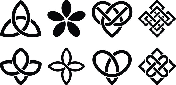 Endless, knot vector set, Celtic inspired interwoven knot symbols in medieval ornamental style for cultural artwork and decoration.