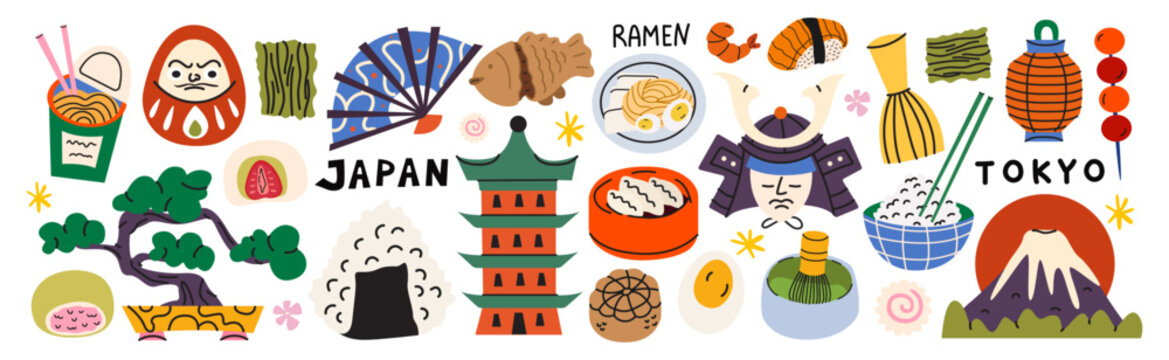 Japanese culture vector elements collection in cartoon trendy style. Traditional Asian food, architecture and nature icons isolated on white background