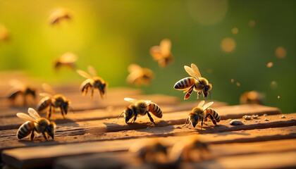 Obraz premium a swarm of bees busily working around a wooden beehive in a sunlit meadow