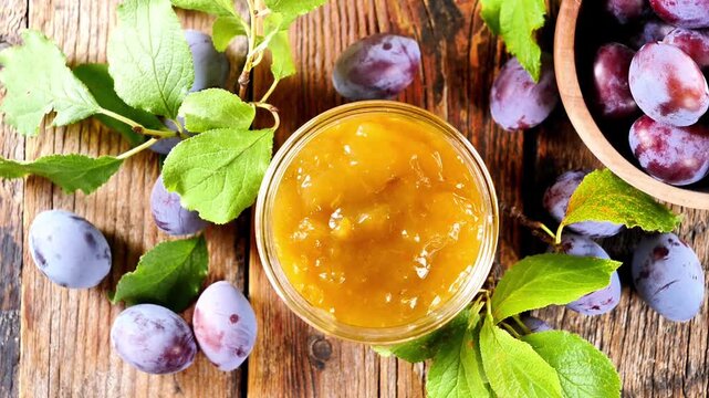 plum jam jar fresh fruit, top view