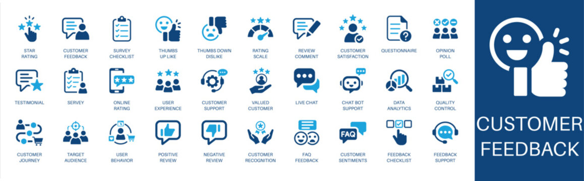 Customer feedback and satisfaction solid icon set. Featuring star rating, customer support, data analytics, testimonial, and customer journey. Editable vector glyphs for market research and strategy.