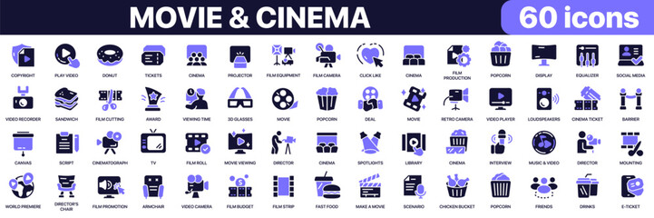 Movie and cinema icon collection in purple colored style. Includes filmmaking, cinema entertainment, video production, screening and media industry icons in flat fill style