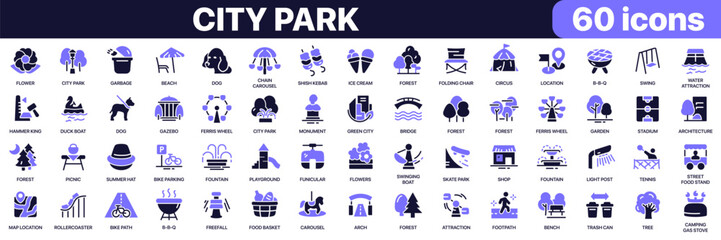 Fototapeta premium City park icon collection in purple colored style. Includes recreation, playgrounds, attractions, green spaces, outdoor leisure and park facility icons in flat fill style