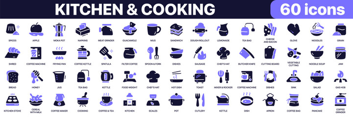 Obraz na płótnie Canvas Kitchen and cooking icon collection in purple colored style. Includes cookware, food preparation, beverages, baking, kitchen appliances and culinary tools icons in flat fill style